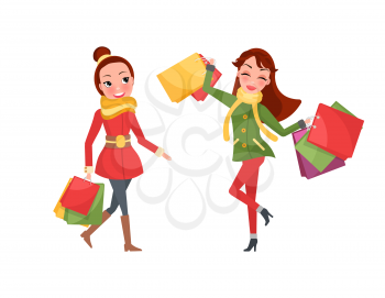 Christmas shopping women day. Two smiling and happy ladies with brunette hair, with colored packages, red and green coaches with yellow scarf vector