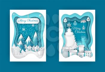Merry Christmas near fir-tree and mountain. Residential buildings and hills with snowfall. Presents with decorations and tree vector illustration