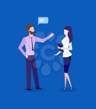 Office workers, man and woman, business talk or conversation. Employees discussing work, male and female characters, marketing vector illustration