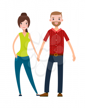 Happy couple man and woman vector isolated on white. Married couple, bearded man and pretty woman pair of lovers stylish cartoon characters hold hands