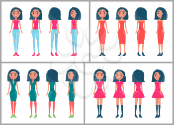 Brunette women in stylish outfits from all sides set. Girls in casual elegant dresses. Women in dresses vector illustrations summer animated mode set