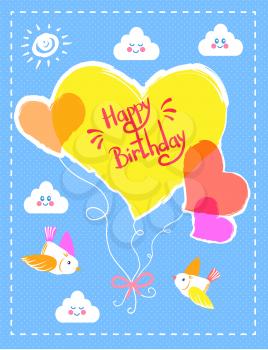 Happy Birthday, colorful card, with headline, balloons and clouds, with emotions, birds and sun, frame and pattern with dots, vector illustration