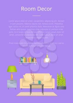Room decor banner, colorful vector illustration isolated on lilac backdrop, text sample, modern room decoration, small plant, coffee table, cozy couch