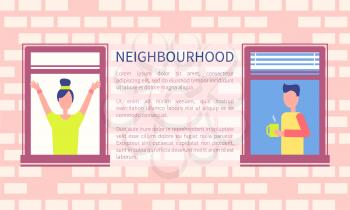 Neighbourhood poster with copy space for text, brick wall and two open windows with man and woman vector illustration of drinking coffee male and female
