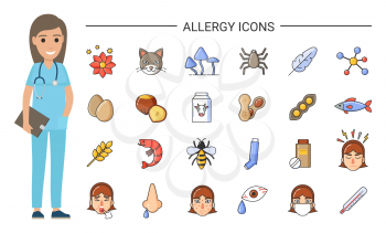 Allergy icons and doctor, nurse and treatment vector. Flower and cat, vow milk and beans, fish and feather, egg and shrimps, nuts and bugs in dust