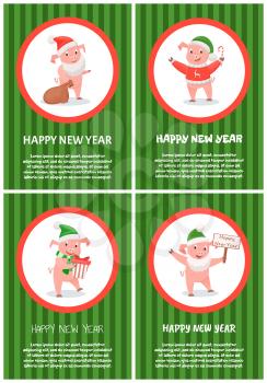 New Year piglet wearing Santa Claus hat greeting with presents vector. Winter holidays celebration, piggy holding sack full of gifts and wooden table