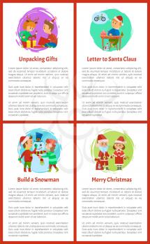 Merry Christmas, children unpacking holidays gifts vector. Boy dreaming of bicycle, writing letter to Santa Claus. Kids building snowman of snow balls