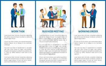 Working process in office, boss and employees. Work task, business meeting and order, graphics with charts, documents folder vector illustrations.