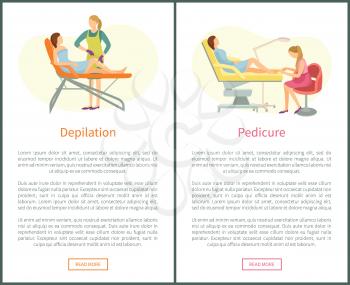 Depilation and epilation of woman legs with wax stripes help. Pedicure pedicurist polishing nails on toes. Posters set with text and clients vector