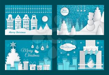 Merry Christmas paper cuts, decorated pine tree with gifts vector. Old town with buildings, fireplace with sock for presents. Snowman in winter wood