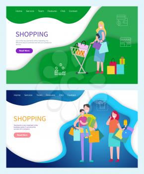 Shopping woman and man carrying bags returning home vector. Lady with purse pushing trolley loaded with bags and purchases bought from stores shops