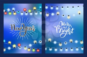 New Year merry and bright winter holiday card with garland made of light bulbs. Wintertime decorative electric torso with sparkling bubbles isolated on blue