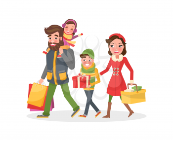 Happy family mother, father small daughter and son returns from shopping. Couple and children with bags full of presents, gift boxes and cart, vector