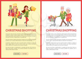 Christmas shopping pages, elderly people with cart buying goods vector. Lady with present in hands, man carrying gift boxes, xmas holiday preparation