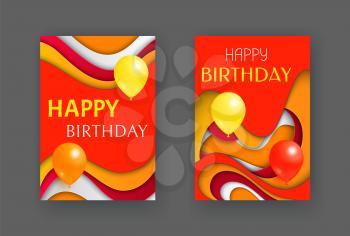 Happy Birthday decoration cards, greeting set isolated postcards vector. Decor with inflatable balloons celebration element and abstract background