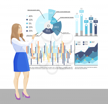 Presenter with whiteboard, infographics charts vector. Text sample explanation, flowcharts material of seminar. Workshop, business training teaching