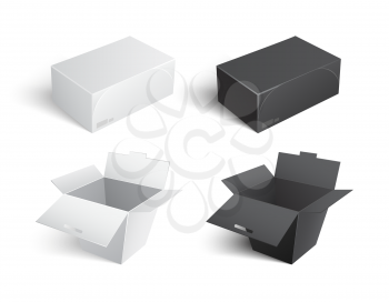 Templates of containers vector icons. Boxes and packages made of paper and carton isolated on white. Mockup of cardboards, delivery packs in realistic design