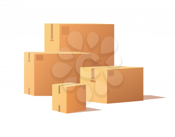 Containers of different size, carton boxes for storage fragile products. Box for shipping and transportation products vector isolated 3D icons and signs
