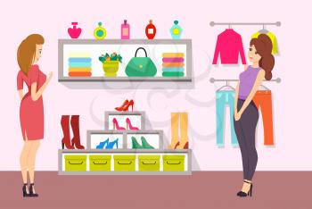 Shopping women in accessories boutique vector. Shoppers looking at boots and shoes on shelves of shop. Clothes and perfume bottles in luxury store