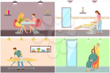 Spa salon hair wash and hairstyling vector posters set. Body massage and manicure procedure made by manicurist, beauty room interiors with specialists