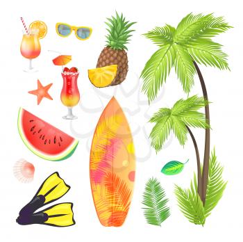 Summertime icons set fruits and beverages in glass. Glasses and palm tree with broad leaves. Flippers and surfing board with print, starfish vector