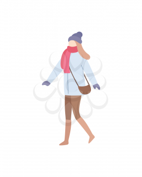 Lady walking wearing warm clothes carrying bag vector. Handbag on woman shoulder, wintertime clothing, glamorous person with hat and mittens gloves