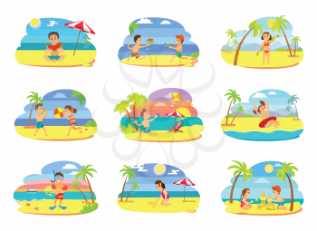 Summer vacation vector, set of kids on beach. Boys and girls playing together, building castle, eating juicy watermelon. Water fight and wind kite