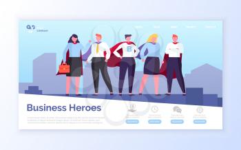 Heroes in field of business vector, man and woman wearing formal clothes standing on top of skyscraper, people with cloaks superhero teamwork. Website or webpage template, landing page flat style