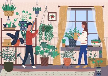 Flowering plants growing in pots and vases vector, man and woman caring for houseplants, female and male characters watering plantation in greenhouse