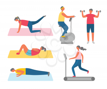 Men and women doing sport and fitness training vector. Sit-ups and push-ups, lifting legs and exercise bike and dumbbells, girl on treadmill, gym workout
