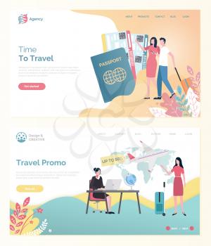 Time to travel, ticket discount online, tourists man and woman with bag, traveler portrait view with passport, traveling by plane, vacation web vector