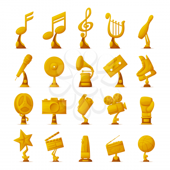 Trophy and awards collection of icons with golden objects given to winners and famous people in different fields vector illustration isolated on white