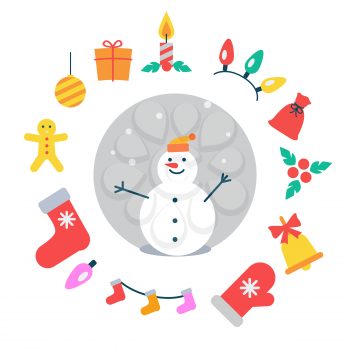 Snowman and icons around it, garlands and red bag, mistletoe and bell with bow, mitten and socks, gingerbread man and ball vector illustration