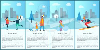 Wintertime placards and text sample with letterings, skating couple, skiing man, family walking dog and girl with snowball vector illustration