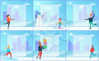 Skaters and cityscape set of posters with filling forms and girl with ball of snow, snowman with metal bucket, cityscape clouds vector illustration