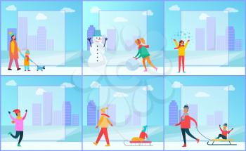 Winter posters collection, family walking dog, woman creating snowman, female happy because of snow, father and kid on sled vector illustration