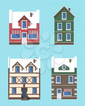 Buildings winter collection, exterior design of homes, roofs covered with snow, windows and entrance doors, icons isolated on vector illustration