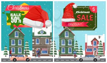 Christmas sale set of posters with stickers and hat of Santa Claus, buildings and riding cars, walking people and trees, vector illustration