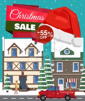 Christmas sale -55 off, poster with headline, buildings with windows, trees covered with snow, walking people and cars, vector illustration
