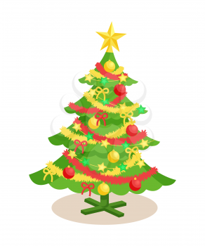 Christmas spruce and New Year tree decorated with garlands and balls, ribbons and tinsel cartoon isolated in white background, vector illustration.