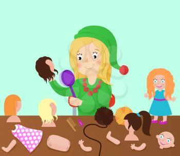 Santa Claus factory production of barbies, girl wearing green costume brushing hair, parts of toys body lying on brown table vector illustration