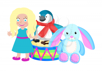 Toys for kids from Santa Claus made at his factory, blonde girl and penguin, rabbit and drum, vector illustration isolated on white background