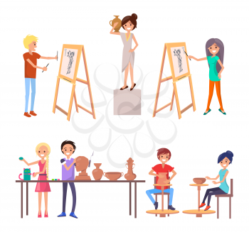 Happy students improving their skills during class at art school isolated vector illustration on white. Boys and girl fulfilling their potential as artists