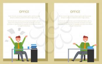 Office worker posters set with businessmen at work vector of happy man sitting and desk with pile of books and throwing ups papers with frame for text.