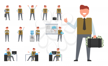 Icon of successful businessman doing different actions such as giving presentation, working in office and standing with suitcase vector illustrations