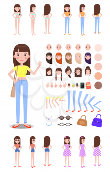 Female character constructor with spare parts set. Girl with spare hairstyles, body parts templates and summer outfits isolated vector illustrations.