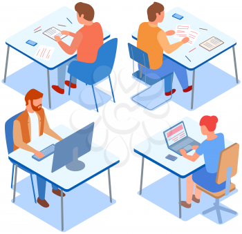 People using their laptops and doing paperwork. Employees sitting at workplaces and typing on computers. Team with computers in office. Characters program, work with electronic devices and documents