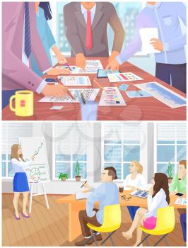 Business meeting in office. Businesswoman showing diagram and pie chart on chalkboard. Employees watch, work and sit at workplace. People write down and point fingers at documents with information