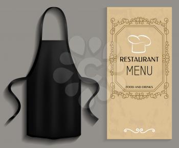 Black apron next to piece of paper with menu. Clothes for work in kitchen, protective element of clothing for cooking. Apron for cooking in kitchen and protection of clothes near restaurant menu