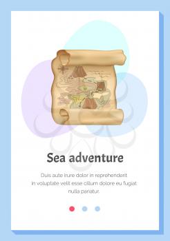 Retro map for robbers adventures. Island with old chest. Pirate map treasure, travel adventure. Geographic paper for searching gold coins. Adventurer attribute, navigation paper with travel path